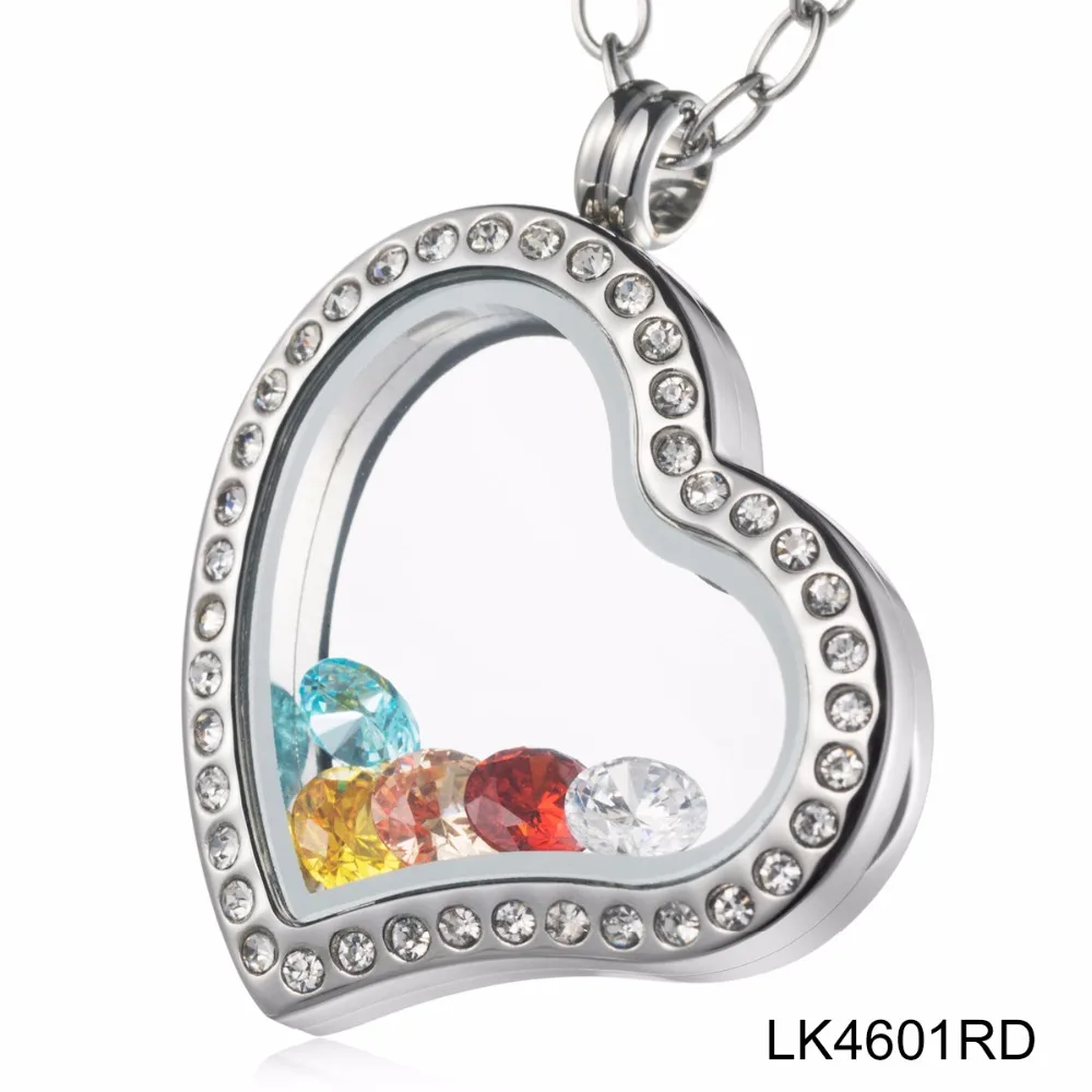 

Charming Stainless Steel Plain Crystal Heart Living Floating Memory Locket with 50cm Necklace Floating Locket Charms LK4601