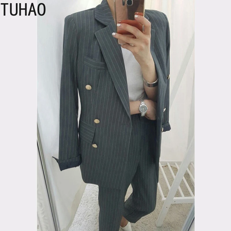 TUHAO весенние женские деловые полосатые женские брючные костюмы, Блейзер, пиджак, узкие брюки, офисный Женский комплект из 2 предметов, офисный костюм