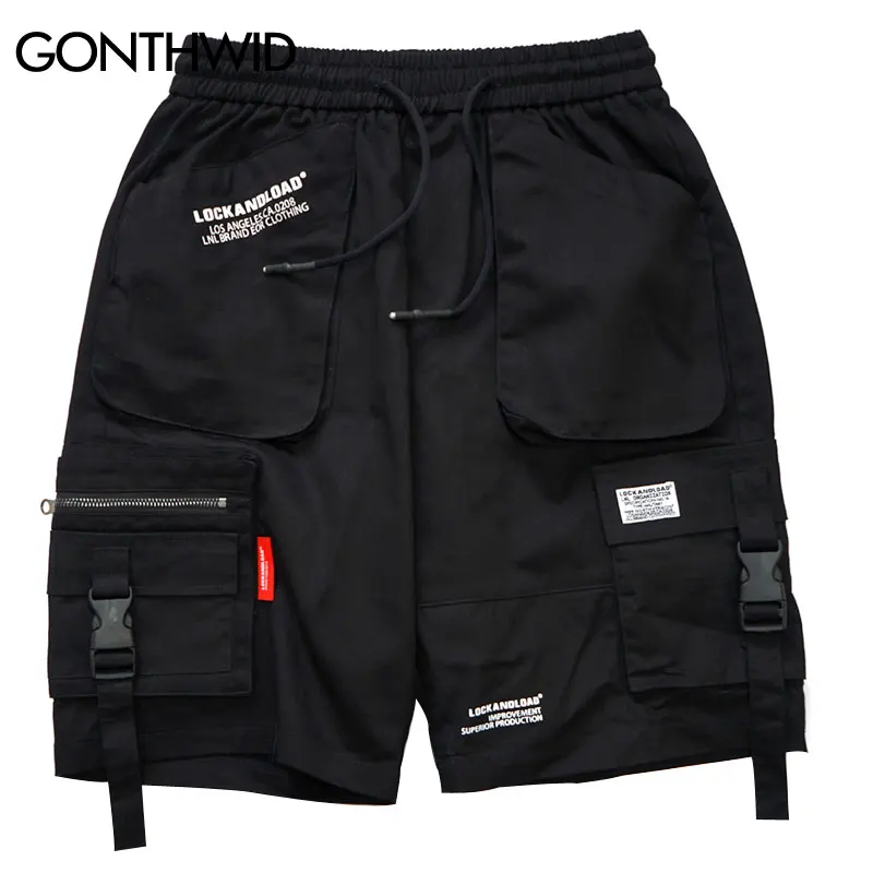 

GONTHWID Men Side Strap Buckle Zipper Pocket Cargo Baggy Shorts 2019 Summer Hip Hop Casual Streetwear Short Trousers Male Shorts