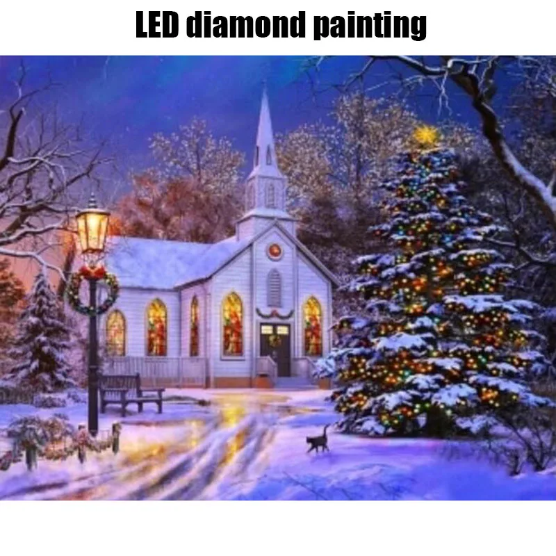 Najtaniej Oświetlenie LED w pełni z okrągłych wiertarek 5D DIY diamentowe malowanie 40x50cm zimowy dom zimowy śnieg