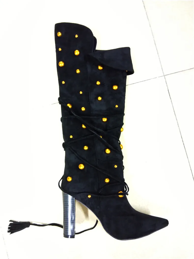 

women mid-calf boots winter lady sexy pointed toe square heel metal decoration boot suede lace-up boot woman fashion shoes 35-42
