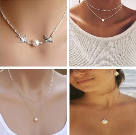 

New Arrival Statement Multi Layer Hollow Flower Leaves Bird Sun Moon Simulated Pearl Necklaces for Women Silver Color Jewelry