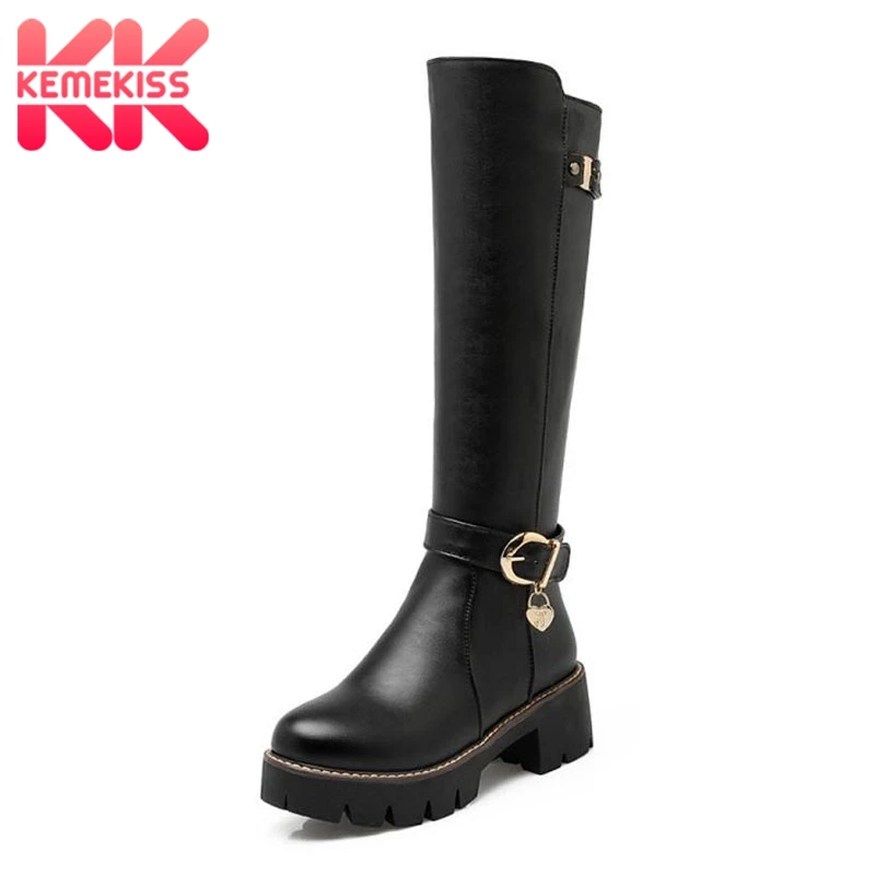 

KemeKiss Women High Heel Boots Metal Buckle Fur Winter Women Shoes Thick Heel Fashion Knee High Boots Woman Footwear Size 34-43