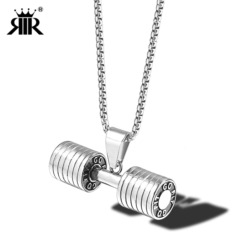 

RIR Fitness Dumbbell Pendant Gold Black Stainless Steel GO FIT Dumbbell Gym Weightlifting Gym Necklace oF Men Workout Jewelry