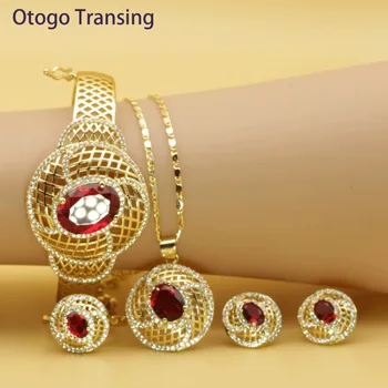 

Otogo Transing wholesale 2019 Gold Color Jewelry Set Fashion Charm Red Crystal Ring Earrings Necklace Bracelet Flower SET206
