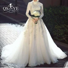 Muslim Hijab Wedding Dress 2016 Luxury High Neck Lace Long Sleeve Lace Applique islamic Bridal Gowns Vestido Longo Organza Aline