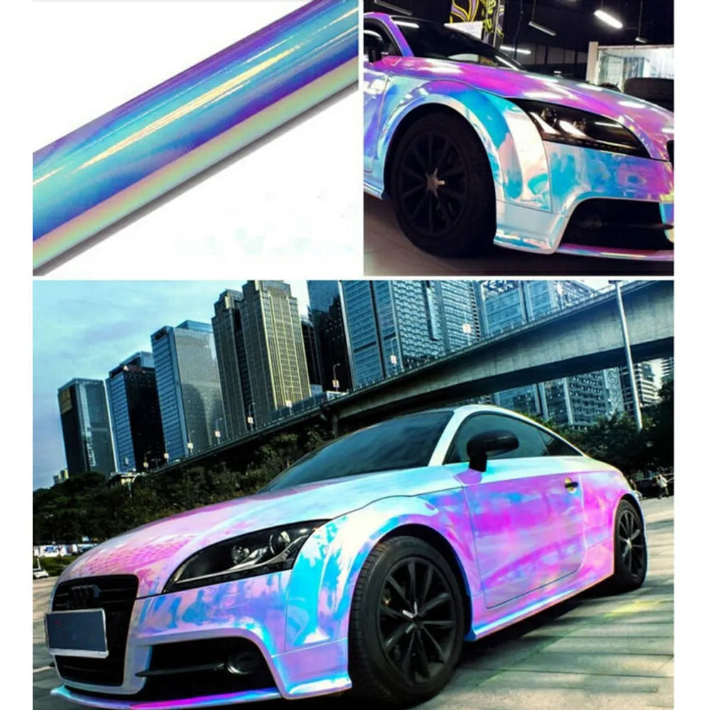 

54"x40" White Backing Holographic Rainbow Chrome Car Vinyl Wrap Bubble Free Sticker Film