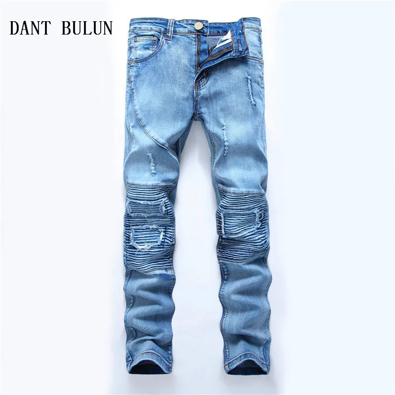 

DANT BULUN New Mens Ripped Jeans Blue Biker Pleated Patchwork Straight Skinny Hole Casual Distressed Denim Pants Plus Size 40 42