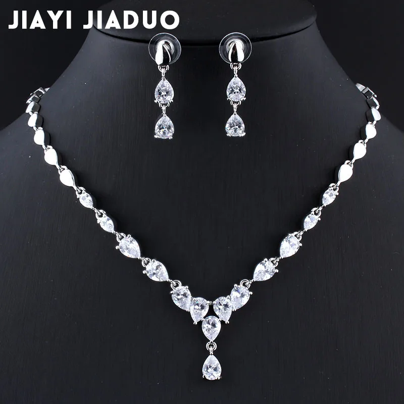 Jiayijiaduo Свадебные Ювелирные наборы ожерелье серьги набор для женщин Изысканный AAA циркон серебряный цвет ювелирные изделия капли воды - Окраска металла: Имитация родиевого покрытия