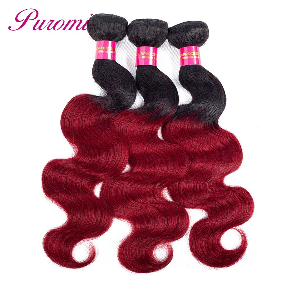 Puromi Hair Brazilian Body Wave 3 Bundles with Closure Ombre 1b/burgundy 100% Human Hair Non-remy Red Hair Extensions