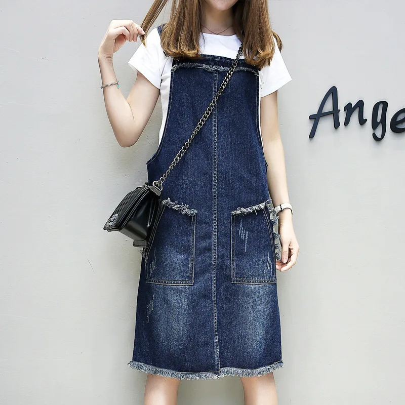 Casual Loose Overalls Dresses Summer Women Denim Dress Sundress Female Solid Adjustable Strap Jeans Dress Plus Size 4XL