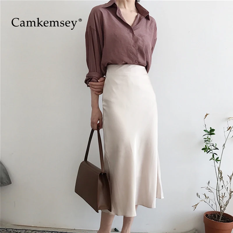 

CamKemsey Elegant High Waist Women Sheath Long Skirts 2019 Korean Chic Spring Autumn Casual Solid A-Line Faldas Mujer Female