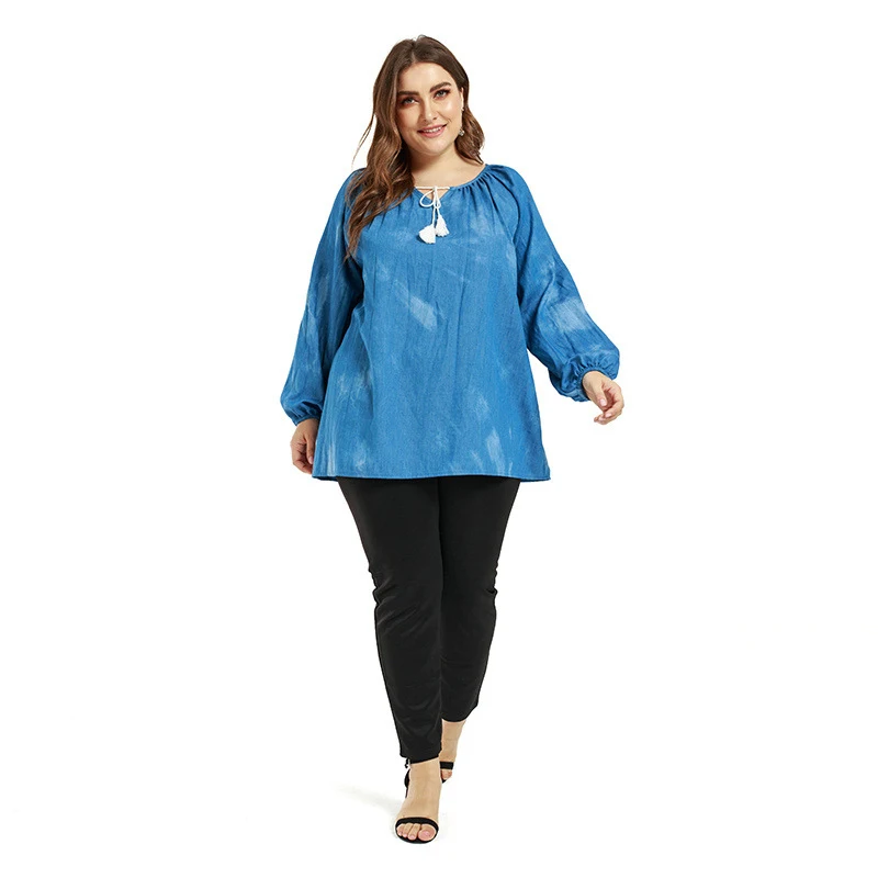 

WHZHM Autumn Denim Blue Loose Big Size Shirt Women Long Sleeve O-Neck Female Lacing Bow Vintage Plus Size 3XL Printed Blouse