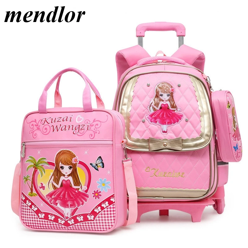 

Cute 3PCS sets Children 2/6 wheels Trolley school bag waterproof kid Backpack high quality School Bags for girls Tutorial bag