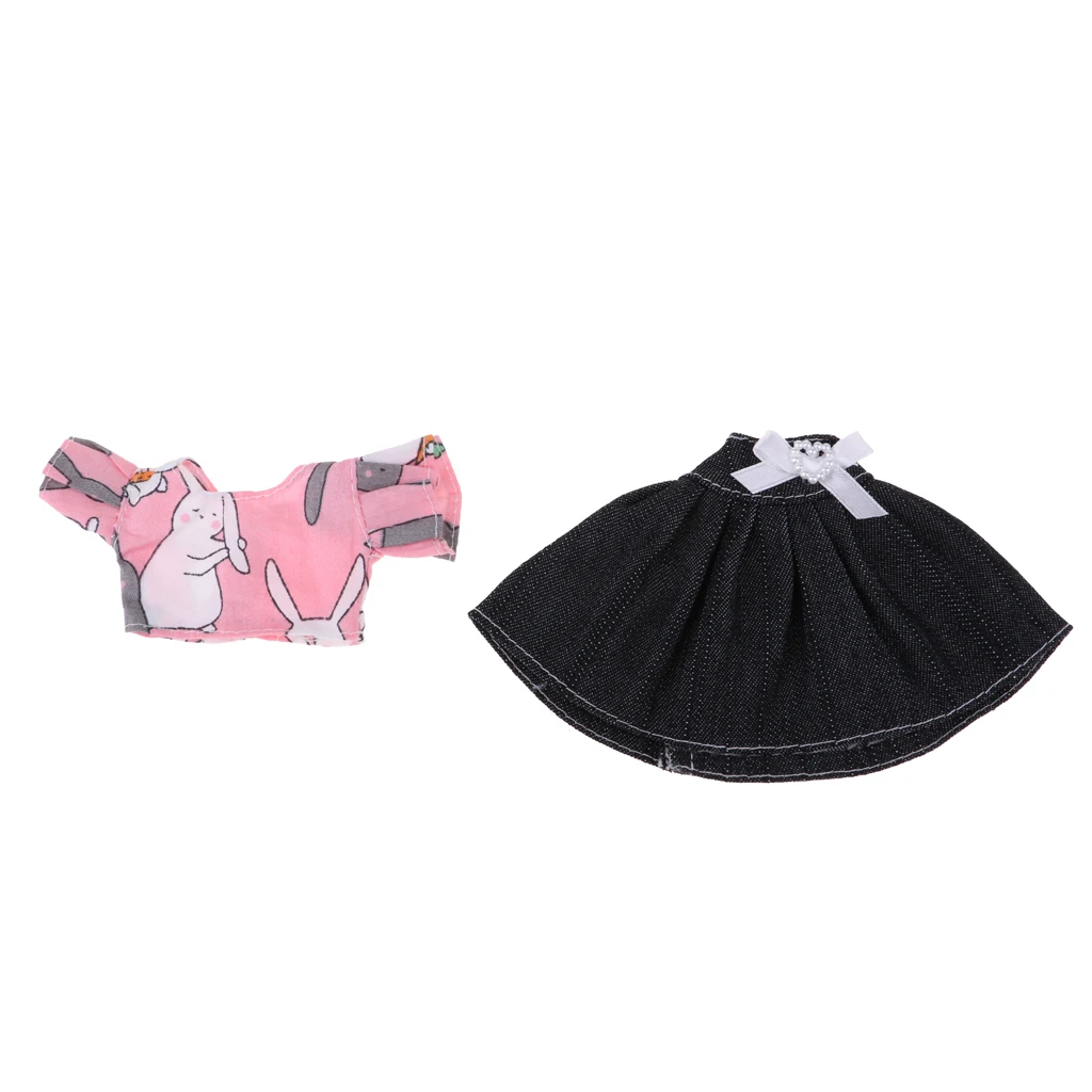 Trendy Garment Clothing Short Sleeve Rabbit Tops and  Denim Jean Dress Skirts For   Doll Pink