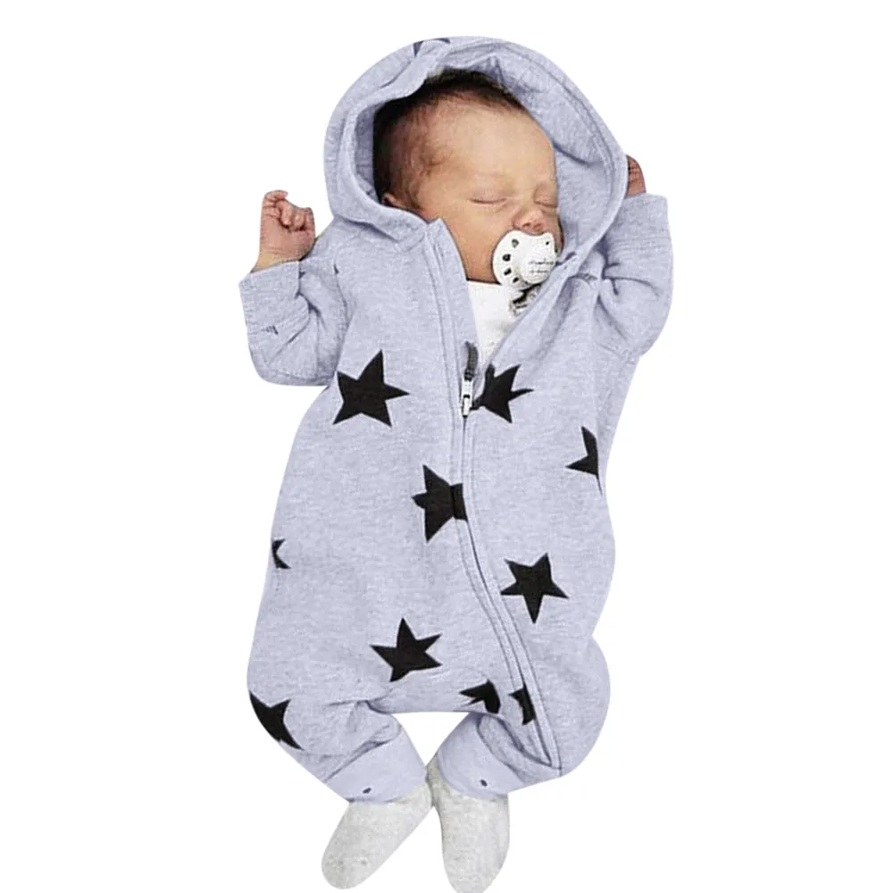 

Baby Girl Boy Romper Clothes Zipper Hooded Stars Print Winter Warm Long Sleeve Newborn Jumpsuit Baby Clothing 18Sep26