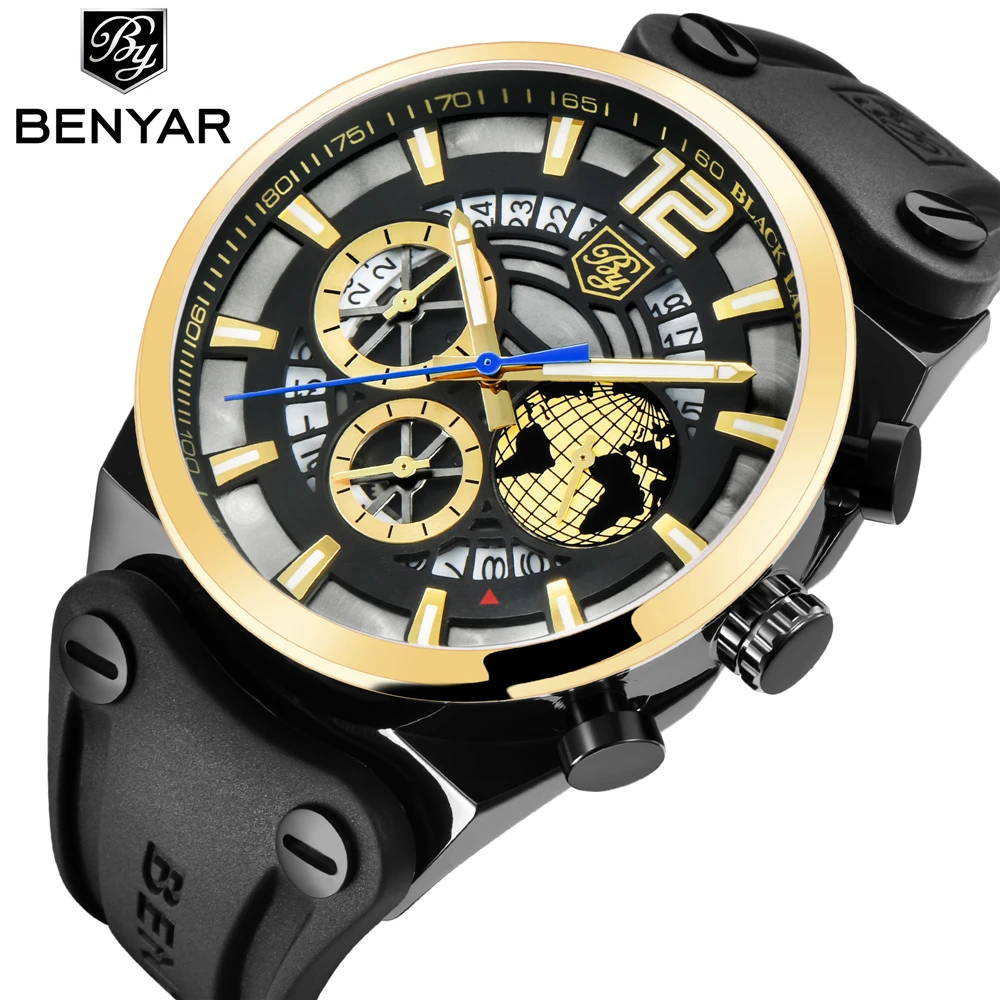 BENYAR Luxury Big Dial Sport Watch Men Waterproof Outdoor Skeleton Quartz Chronograph Sport Watch Man Clock erkek kol saati