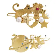 Минималистичная Милая женская металлическая заколка для волос, искусственный жемчуг, стразы, кошка, планета, Шпилька для волос, для укладки, боковая челка, заколка, аксессуары