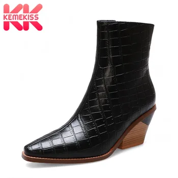 

KemeKiss Cowgirl Ankle Boots Women Fashion Zipper Sexy Pointed Toe Winter Shoes Women Snake Print Hole Heeled Boots Size 34-44