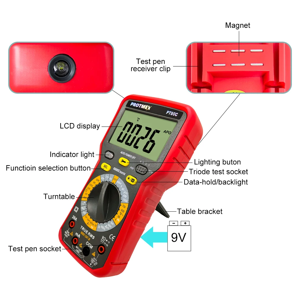 Protmex PT80C/80D 6000 отсчетов Цифровой мультиметр DC/AC напряжение, ток, сопротивление, Емкость Тестер