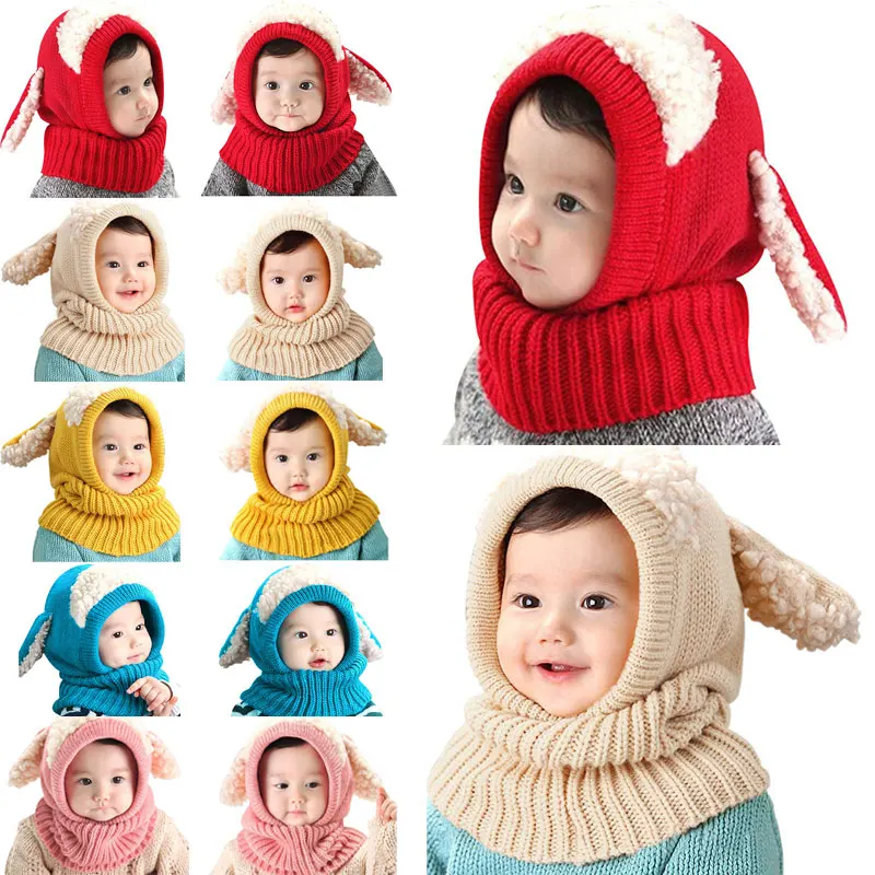 Теплая шапка для маленьких мальчиков и девочек, зимняя шапка, шарф с капюшоном, вязаная шапка с ушками, красный, розовый, желтый, хаки, синий