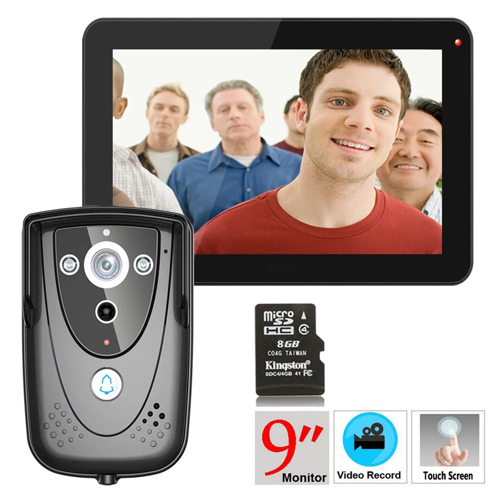 Mountainone 9 "DVR Цвет Сенсорный экран видео-телефон двери с ПИР запись Интерком Системы с ИК-камера 8 г SD карты Бесплатная доставка