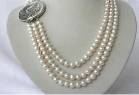 

08150 stunning 3rows 8mm white round freshwater cultured pearl necklace