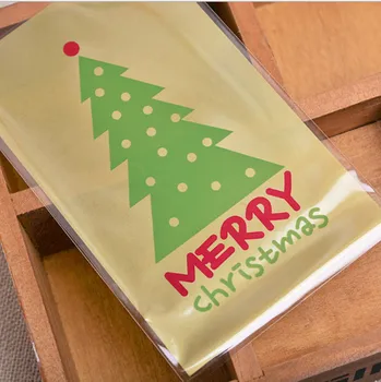 

100pcs Merry Christmas Tree Self Adhesive Seal Cello Cookie Bag for Bakery Gift Candy Chocolate packaging
