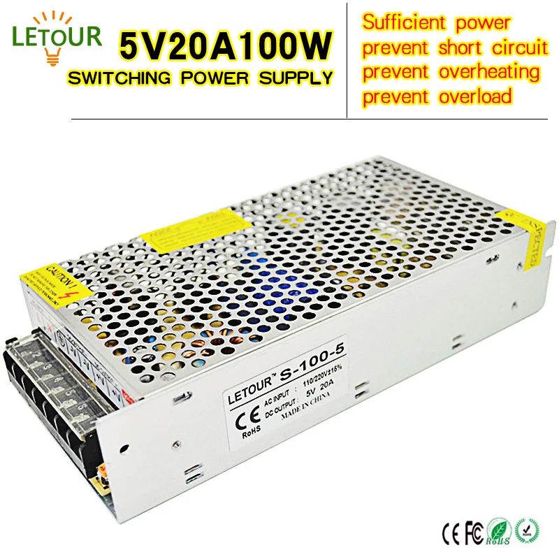 

LED Power Supply 5V 20A AC 96V-240V Converter Adapter DC 5V20A 100W Power Supply for LED Lighting,LED Strip,CCTV,CE/FCC Cert