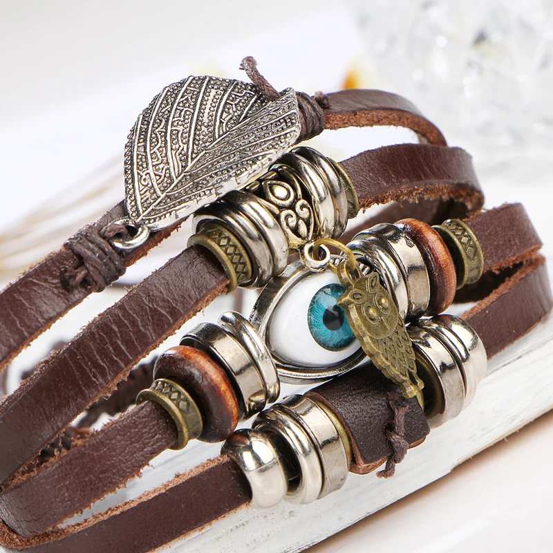 NIUYITID Owl Bracelet For Men Women Leather Jewelry Turkish Eye Bracelet Stone Pulseras Hombre Dropshipping (7)