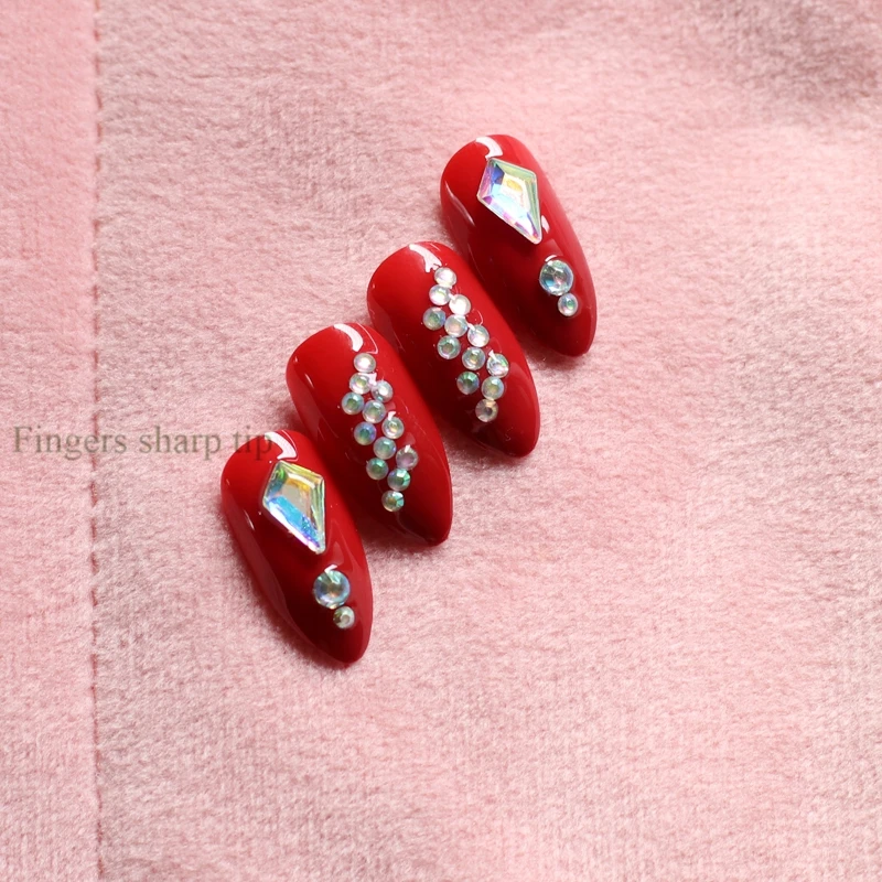 24 шт модные полностью алмазные хрустальные алмазные остроконечные яркие цвета ручной работы поддельные ногти красный M004