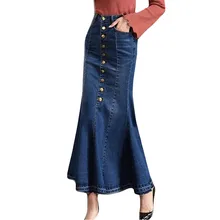 Новое поступление модные женские Повседневное длинные середины талии кнопка карман спереди джинсовые юбка-годе t15