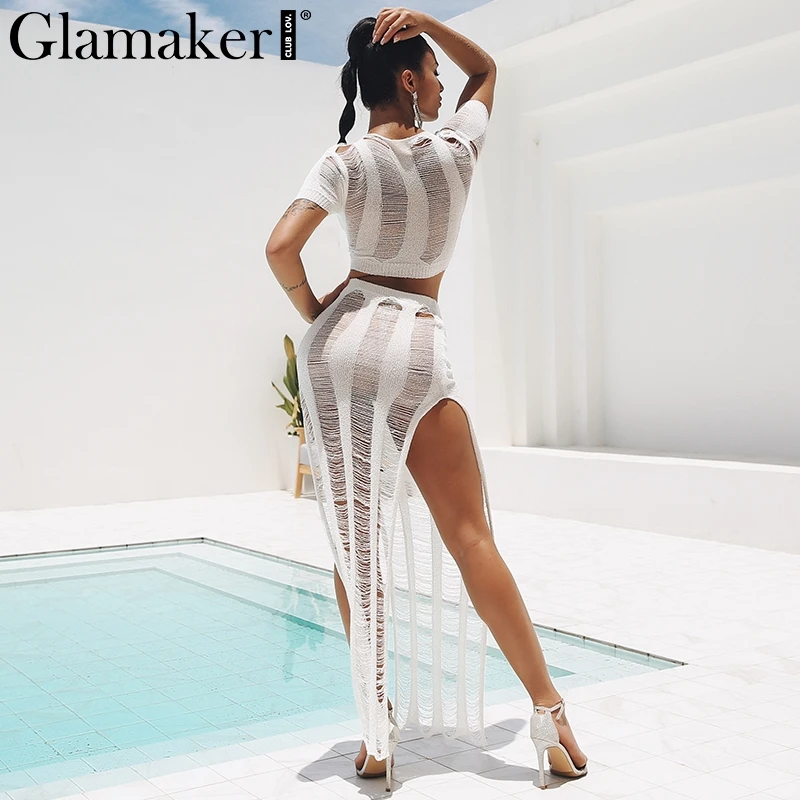 Женское пляжное платье двойка Glamaker длинное прозрачное Открытое с бантом и