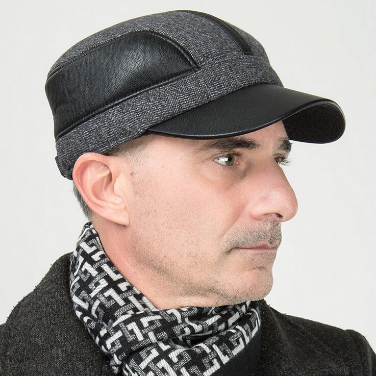 men visors caps earflap PU autumn winter adjustable military style gray