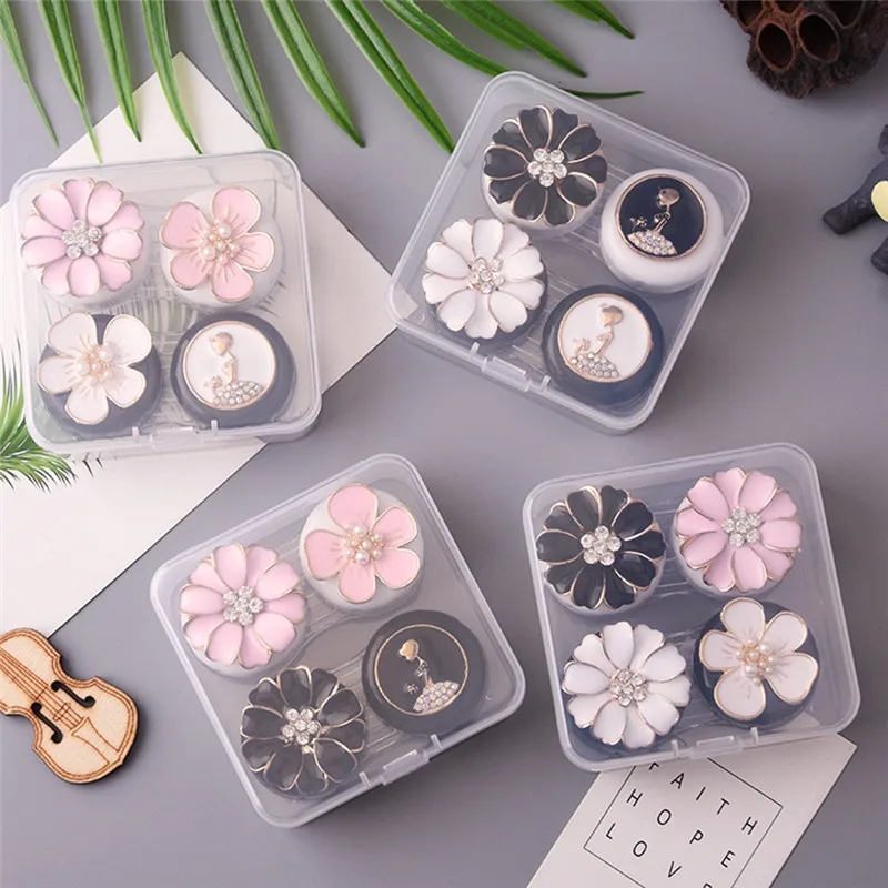 

2 Pairs New Resin Flowers Mixed Color Contact Lenses Case For Women With Transparent Box Lens Container Holder Travel Kit