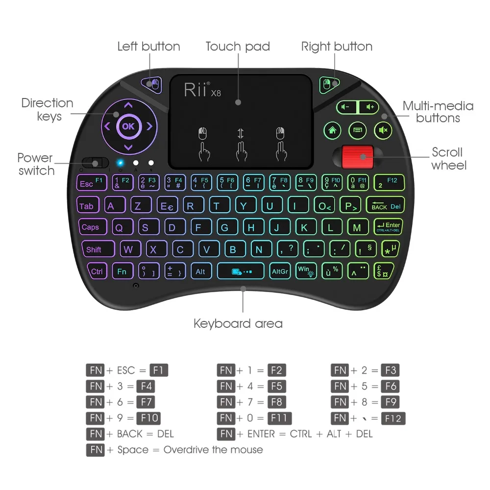 Original Rii X8 2.4GHz AZERTY Mini French Wireless Keyboard with Touchpad, changeable color LED Backlit, Li-ion Battery Original Rii X8 2.4GHz AZERTY Mini French Wireless Keyboard with Touchpad, changeable color LED Backlit, Li-ion Battery