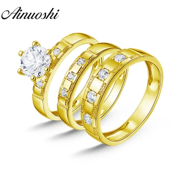 

AINUOSHI Real 14K Solid Yellow Gold TRIO Couple Rings Set 6 Claws Inlaid Stone Male Band Wedding Engagement Bridal Rings Set