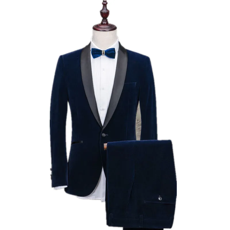 2-1  Navy Velvet Men's Formal Occasions Suit Jacket One Buttons Coat Tuxedos Suits