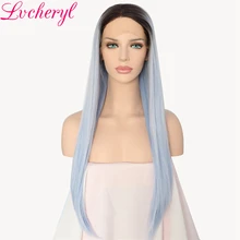 Lvcheryl Омбре, с темными корнями до светло-голубой длинные прямые термостойкие волокна искусственный парик синтетические кружева передние женские парики
