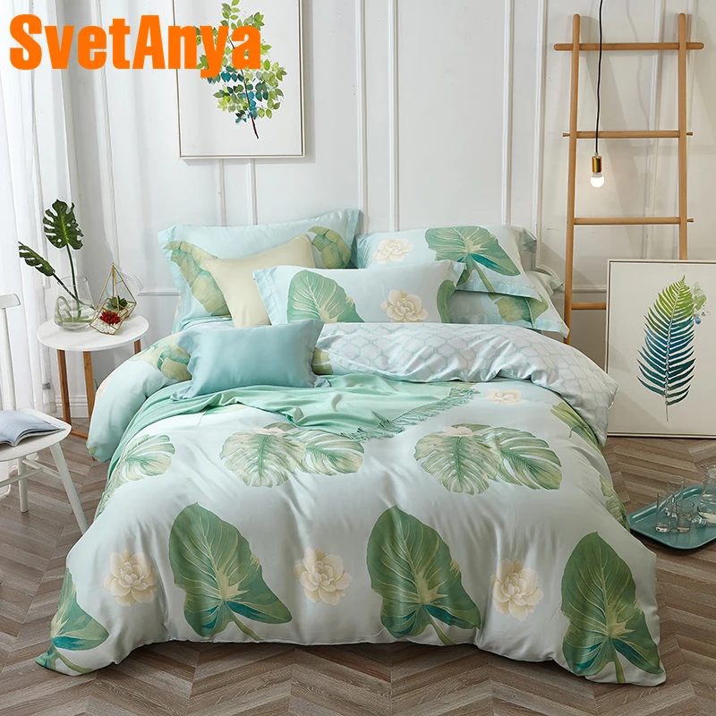 

Svetanya Soft Artificial Silk Bedsheet Pillowcase Quilt Cover Sets Bedding Set Queen Double King Size Bedclothes Green Leaves