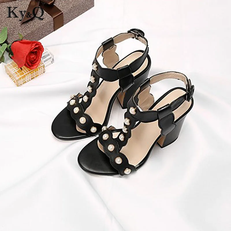 

2018 Real Leather Studded Pearl Gold Black Ankle Straps Women Summer Gladiator Party Sandals Thick High Heels Plus Size 43 Shoes