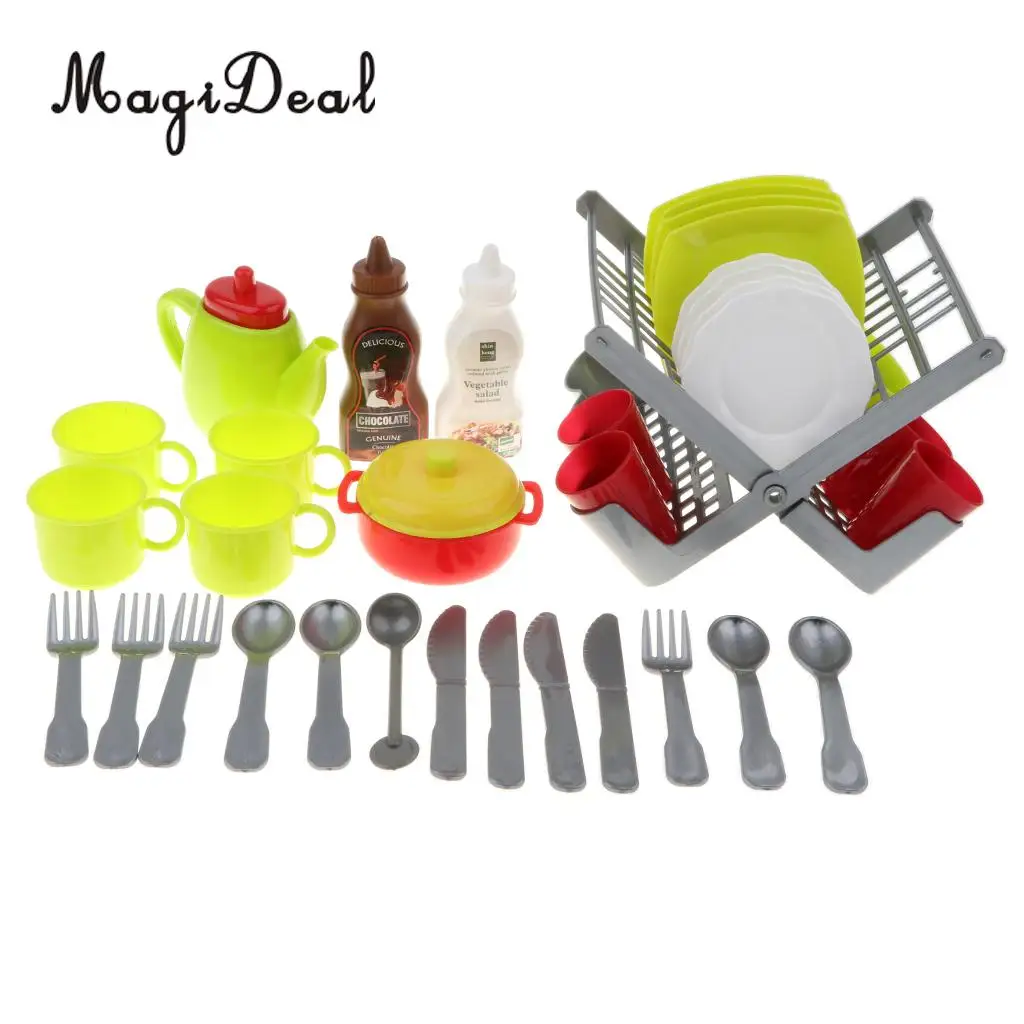 Durable Kids Children Pretend Play Dish Set (34 Pieces/ Set) with Drainer