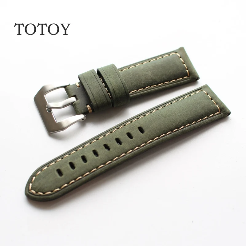 

TOTOY Crazy Horse Green Leather Watchbands, Retro Green Watch Band, 22 24 26 For PAM111 Watch Strap, Rough Wind Men's Strap