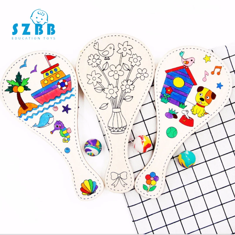 

SZ STEAM Painting Wooden Toy Racket Graffiti Toys For Children DIY Manual Painting Pat Ball Educational Handmade Game SZ3118