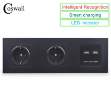 COSWALL стены ПК Панель двойная розетка 16A ЕС электрическая розетка зарядное устройство для автомобиля с двумя портами USB для зарядки Порты и разъёмы 5V 2A Выход рыцарь черный Цвет