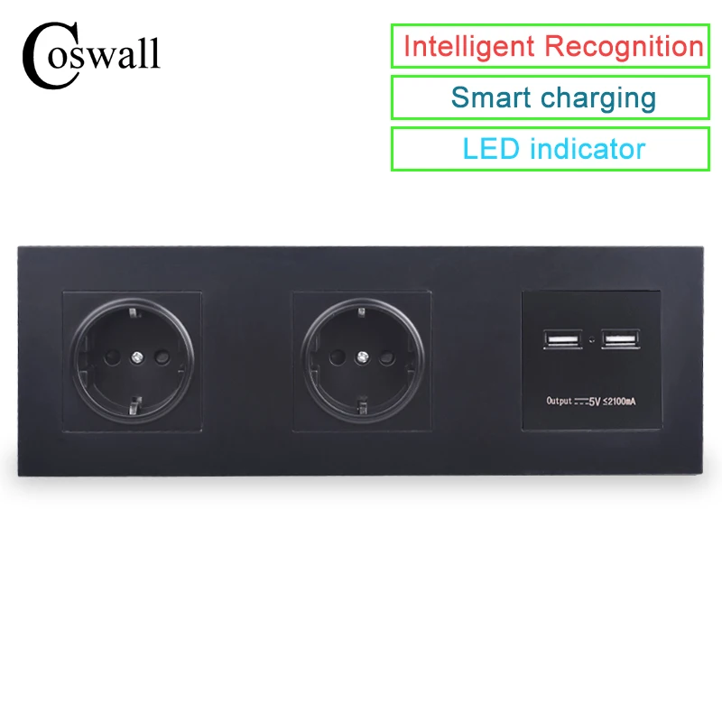 Preise COSWALL Wand PC Panel Doppel Buchse 16A EU Steckdose Dual USB Intelligente Lade Port 5V 2A Ausgang Ritter schwarz Farbe