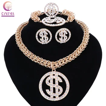 

US Dollar Money Necklace&Pendant Gold Silver Color Chain For Women/Men Rhinestone Hip Hop Bling Bracelet Earring Ring Jewelry