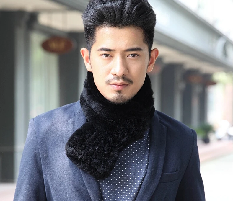 US $29.25 170cm Long Scarf Real Knitted Rex Rabbit Fur Winter Men Fur Scarf Handmade Black Gray Fur