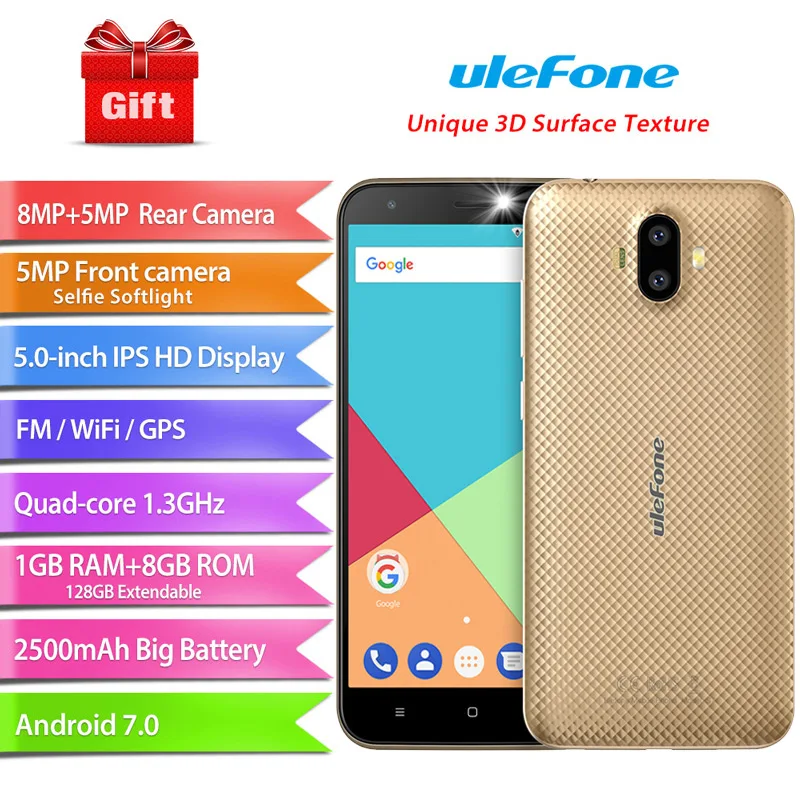 Ulefone S7 1GB+8GB Smartphone 5.0 inch IPS HD Display Android 7.0 Dual Camera 3G mobile phone