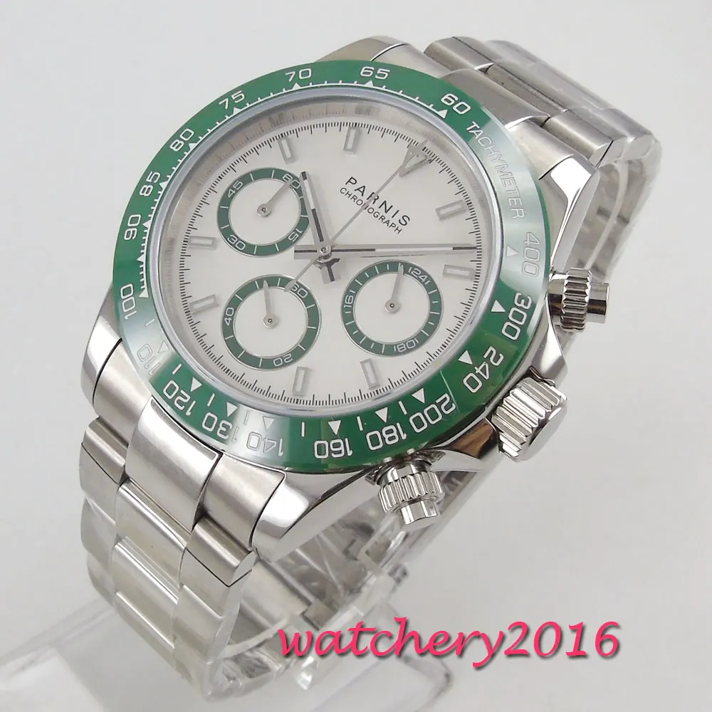 

New Arrive 39mm PARNIS White Dial Green Bezel Chronograph Sapphire Glass Quartz Movement men's Watch